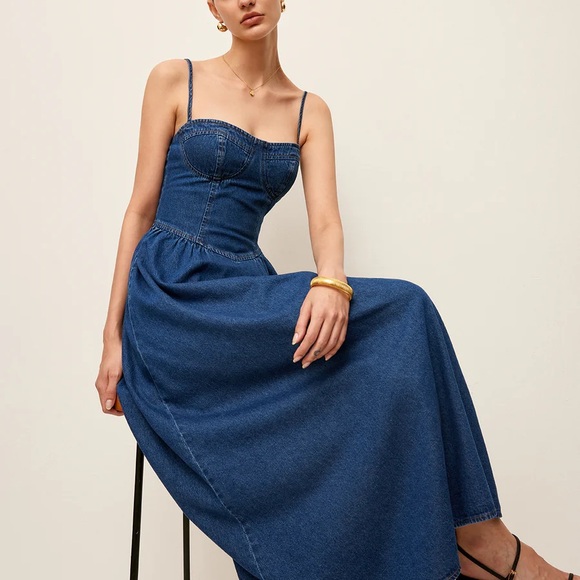 Commense Sweetheart Collar Denim Jean Maxi Dress 4 - Picture 2 of 13